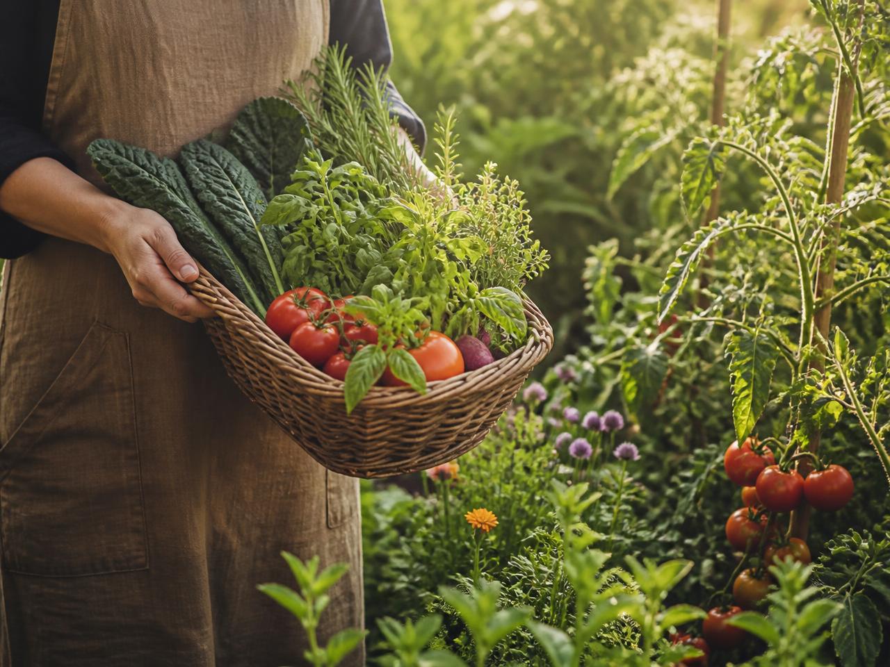 Hands carrying a basket of freshly harvested vegetables through the garden