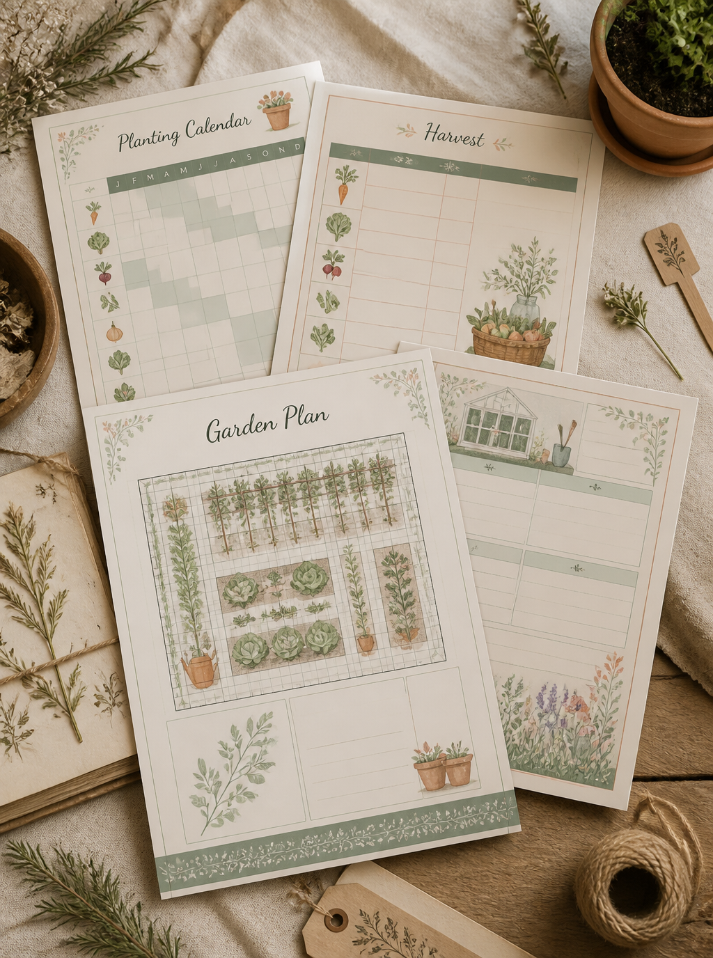 Preview of the printable Garden Planning Pack worksheets and trackers