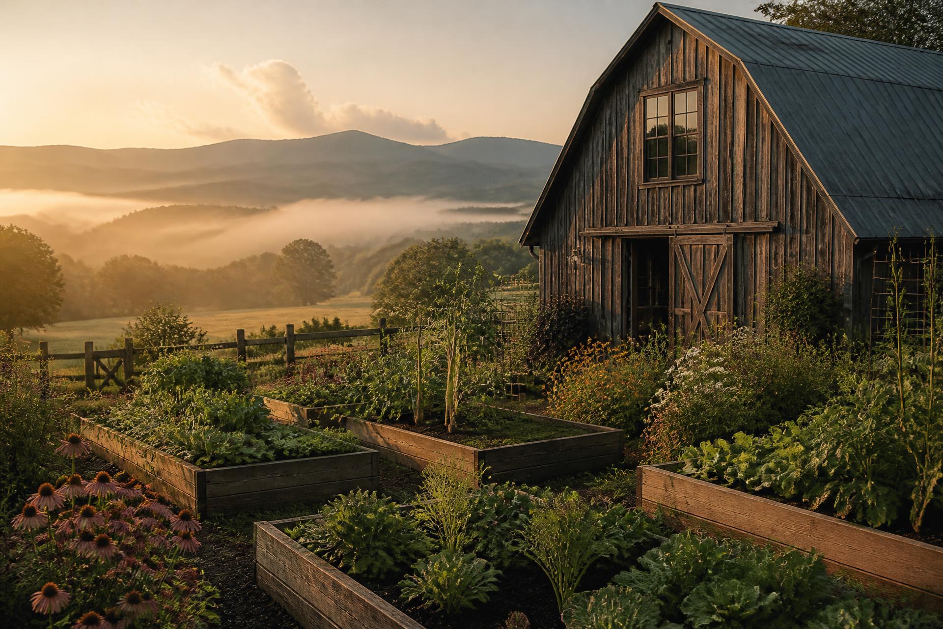 Weathered wooden barn beside raised vegetable beds with misty hills at sunrise