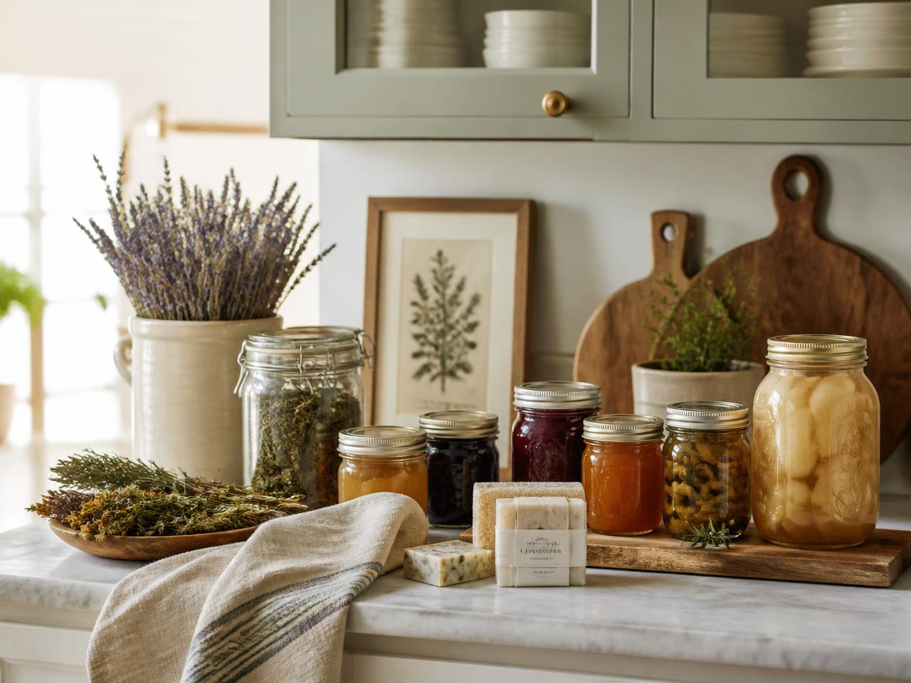 Farmhouse kitchen counter lined with jars of homemade preserves and handmade soap