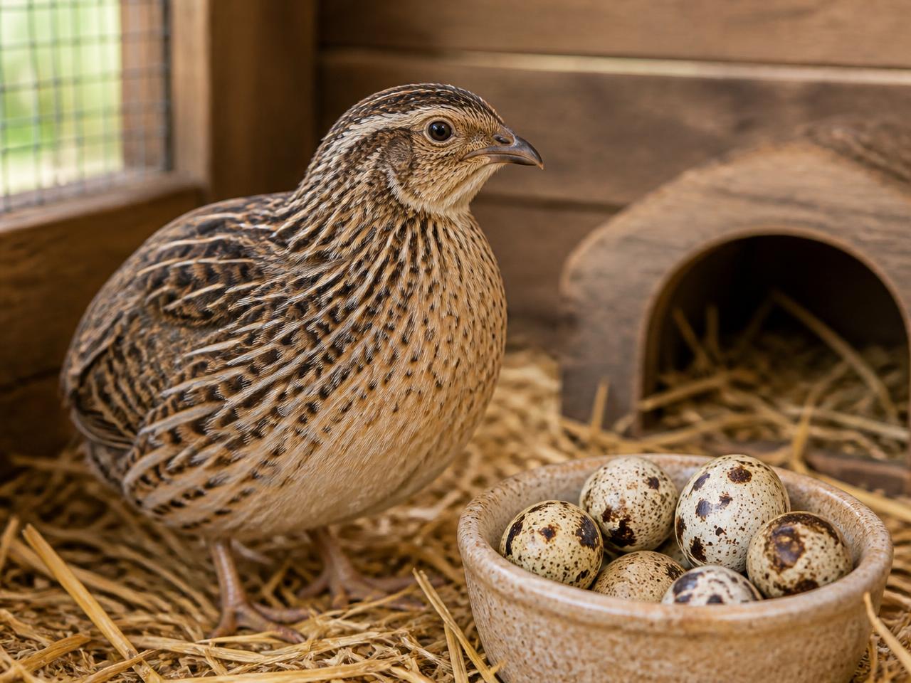 Coturnix quail standing on straw beside a bowl of speckled quail eggs